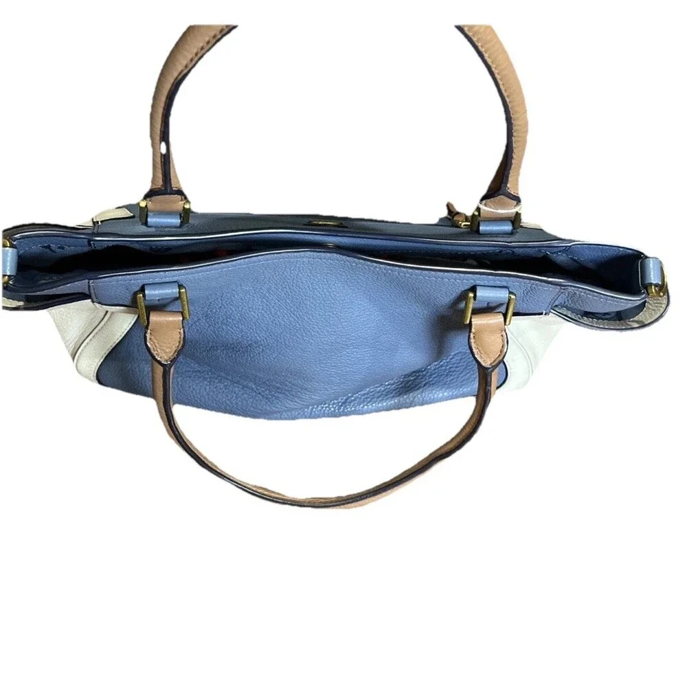 Tory Burch Frances Colorblock Satchel Pebbled Leather Handbag Comet Blue/White